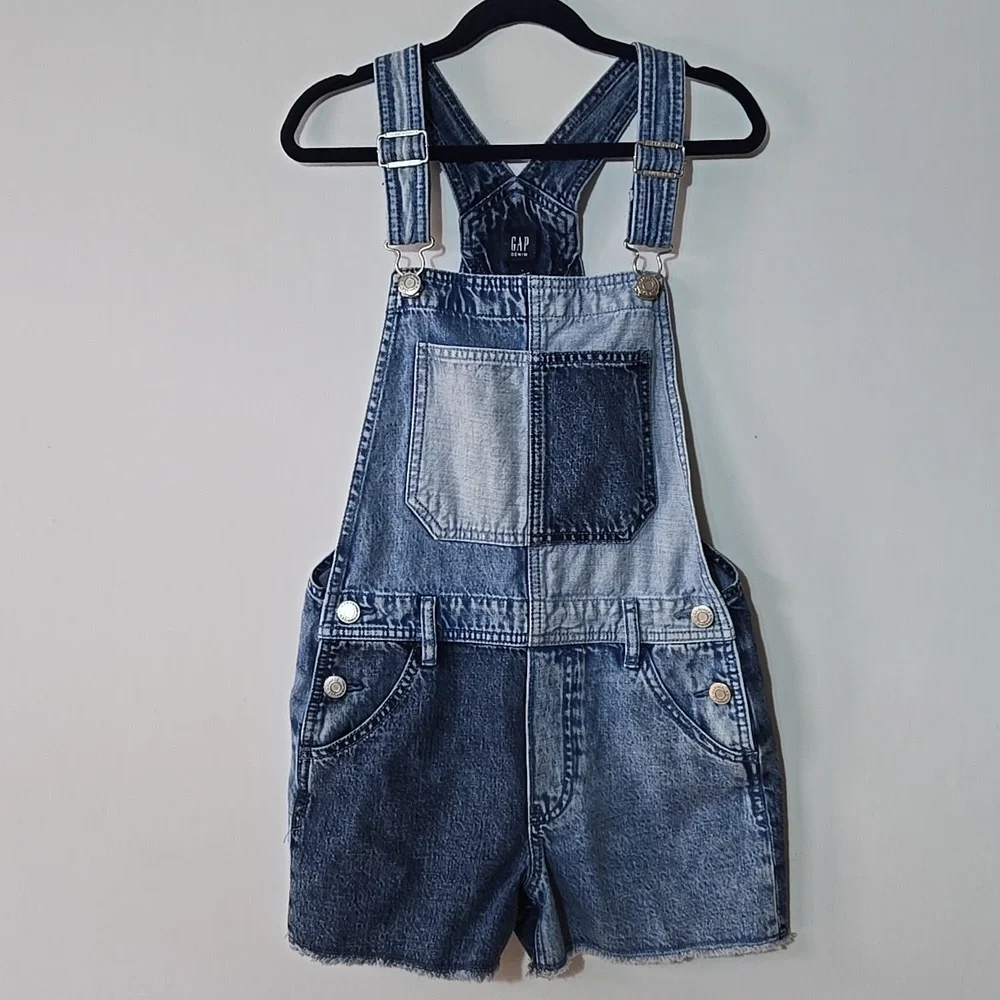 GAP Girl's Denim Shortalls Size L 10  Jean‎ Overall Shorts Patchwork Colorblock